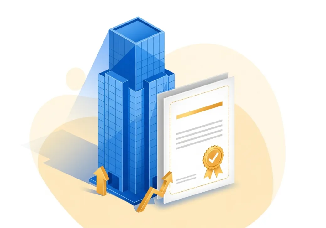 Illustration of a registered company: a modern office tower beside an incorporation certificate with a gold seal and upward growth arrows.